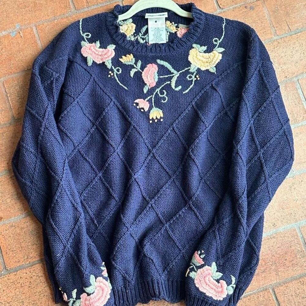 VTG 90s Northern Reflections Embroidered Floral Sweater Navy Knit Medium